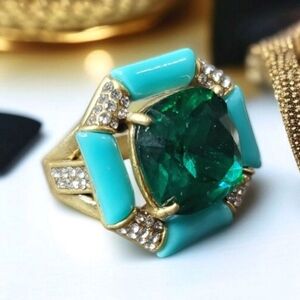 18k Gold Plated Chunky Designer Turquoise Enamel Emerald Crystal Statement Ring